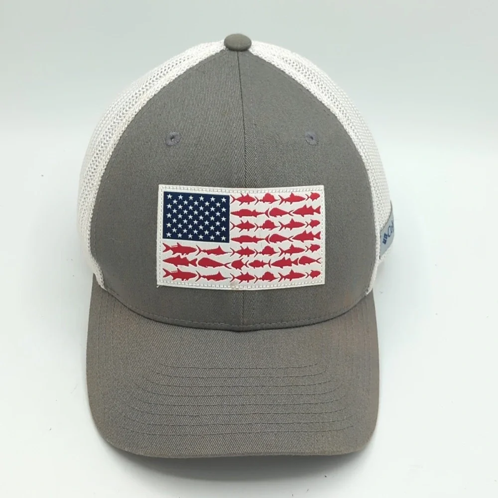 Columbia PFG Fish USA Flag Fitted Flexfit Mesh Back Cap Hat One Size Gray